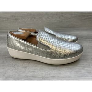 FitFlop Superskate DT8-011 Women 7.5 Silver Metallic Leather SlipOn Loafer Flat